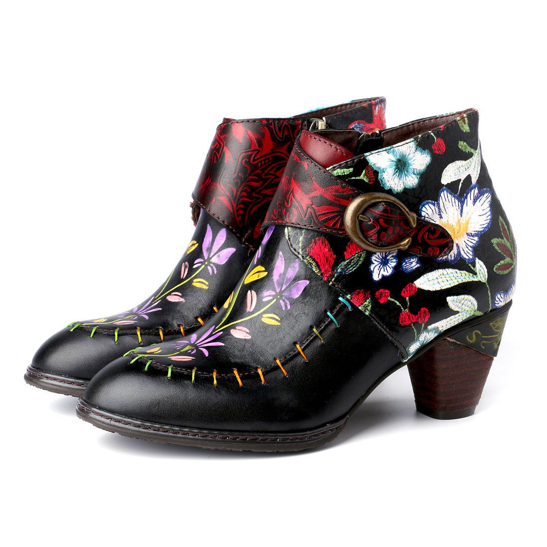 Handmade Painted Flower Genuine Leather Elegant Ankle Boots