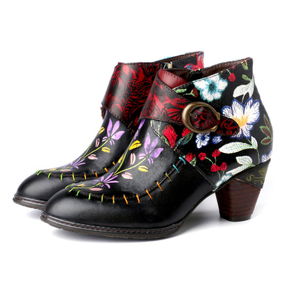 Handmade Painted Flower Genuine Leather Elegant Ankle Boots