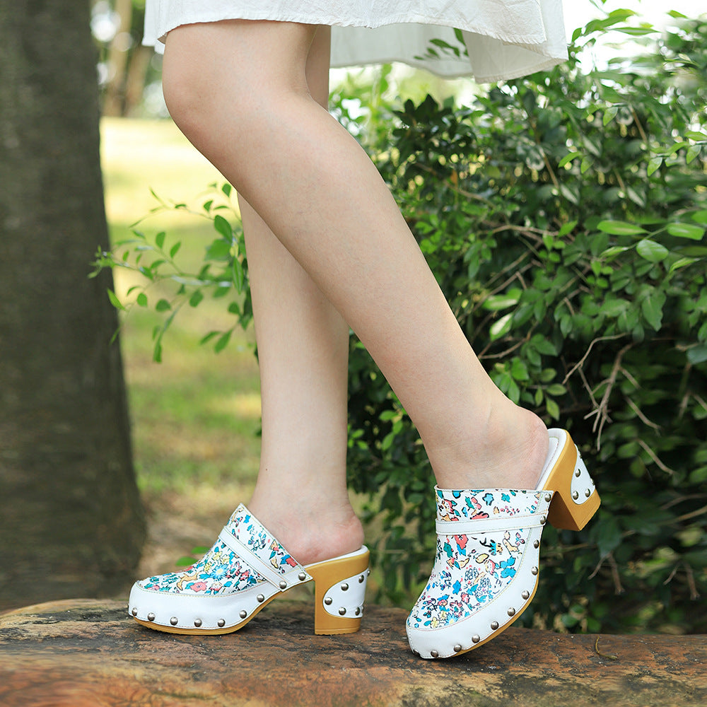 Handmade Round Toe Fresh Floral Print Sandals