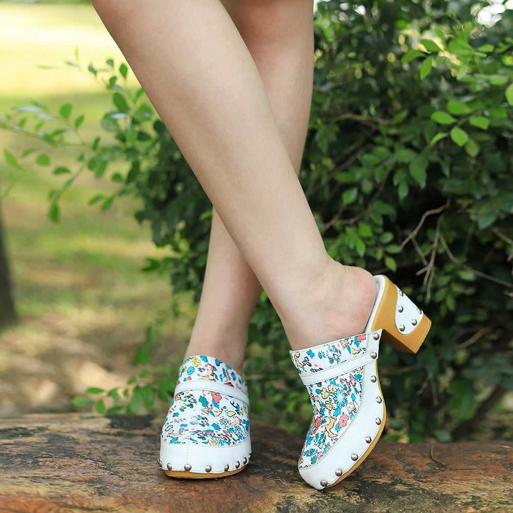 Handmade Round Toe Fresh Floral Print Sandals