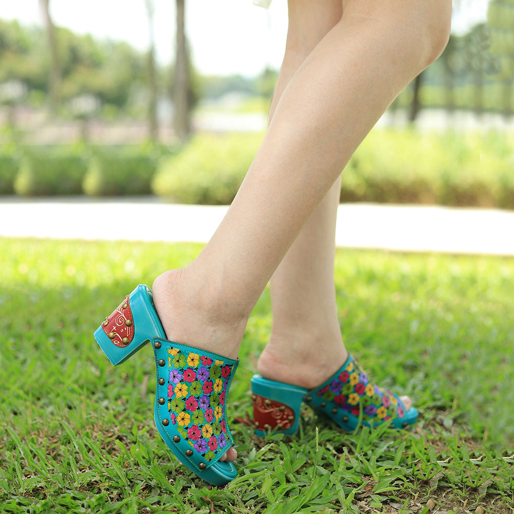 Retro Handmade Four-color Printed Sandals