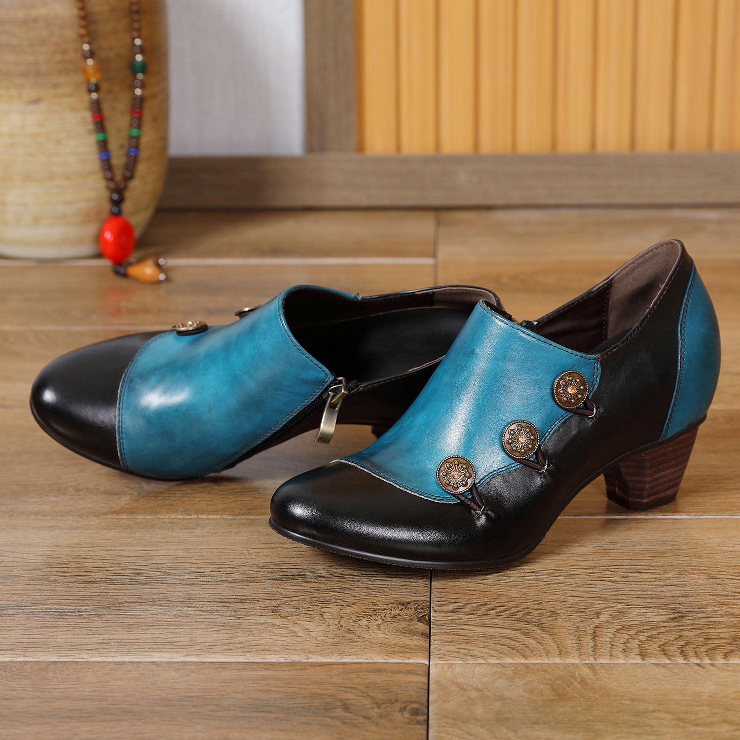 Hand Painted Leather Low Heel Shoes