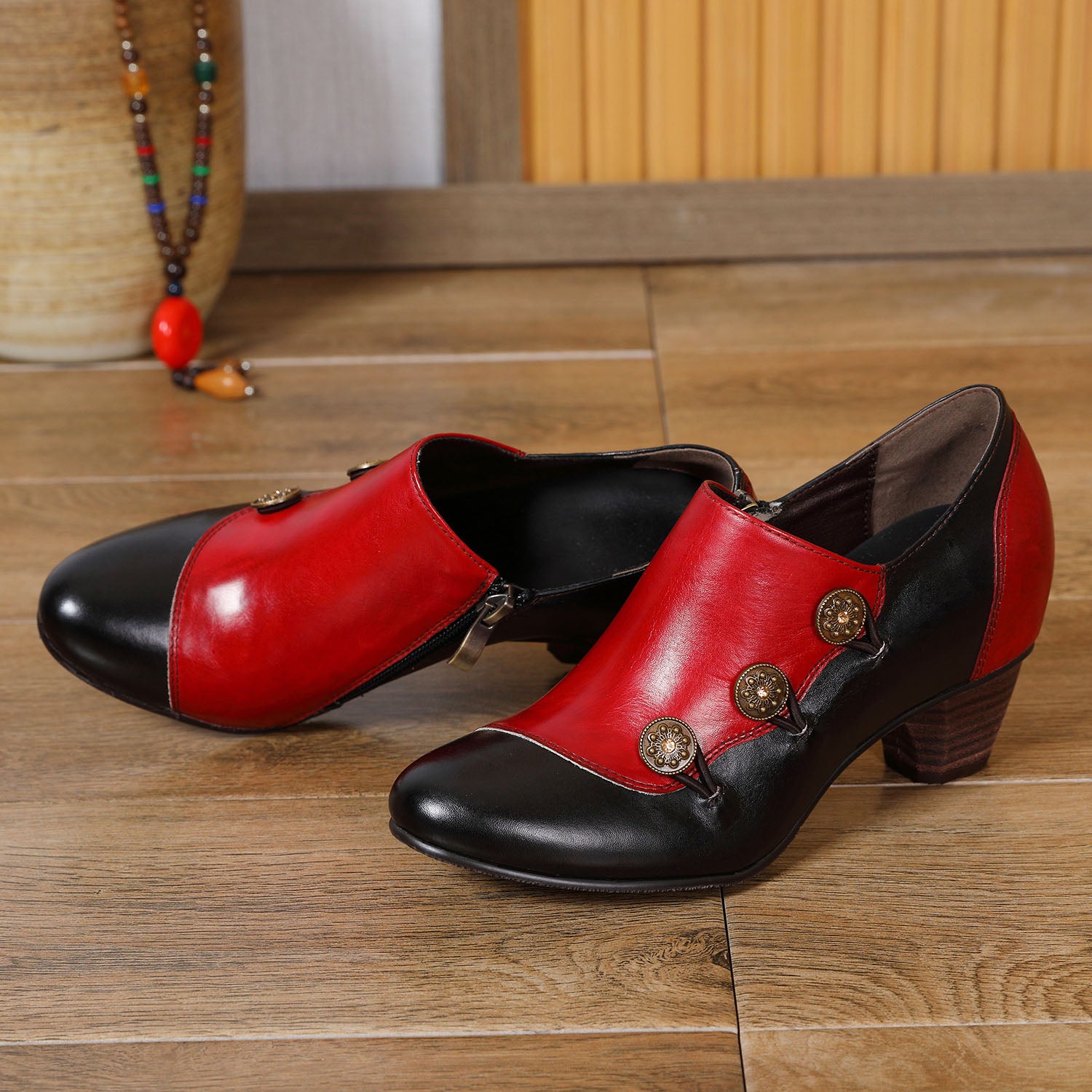 Hand Painted Leather Low Heel Shoes