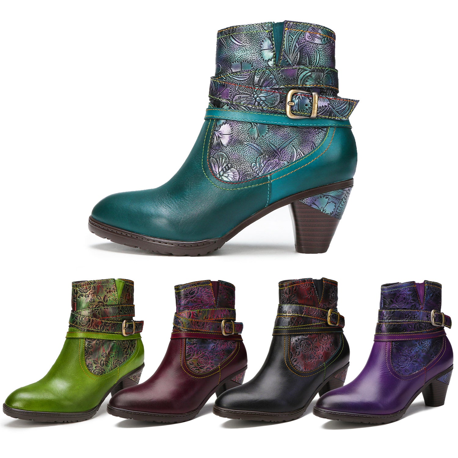 Botas de tornozelo em relevo floral feitas à mão