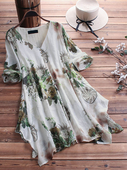 Flowered Printed Loose Asymmetric Blouse