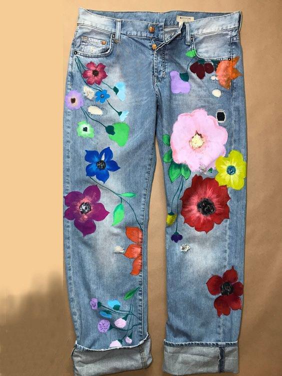 Pantalon décontracté à fleurs en jean