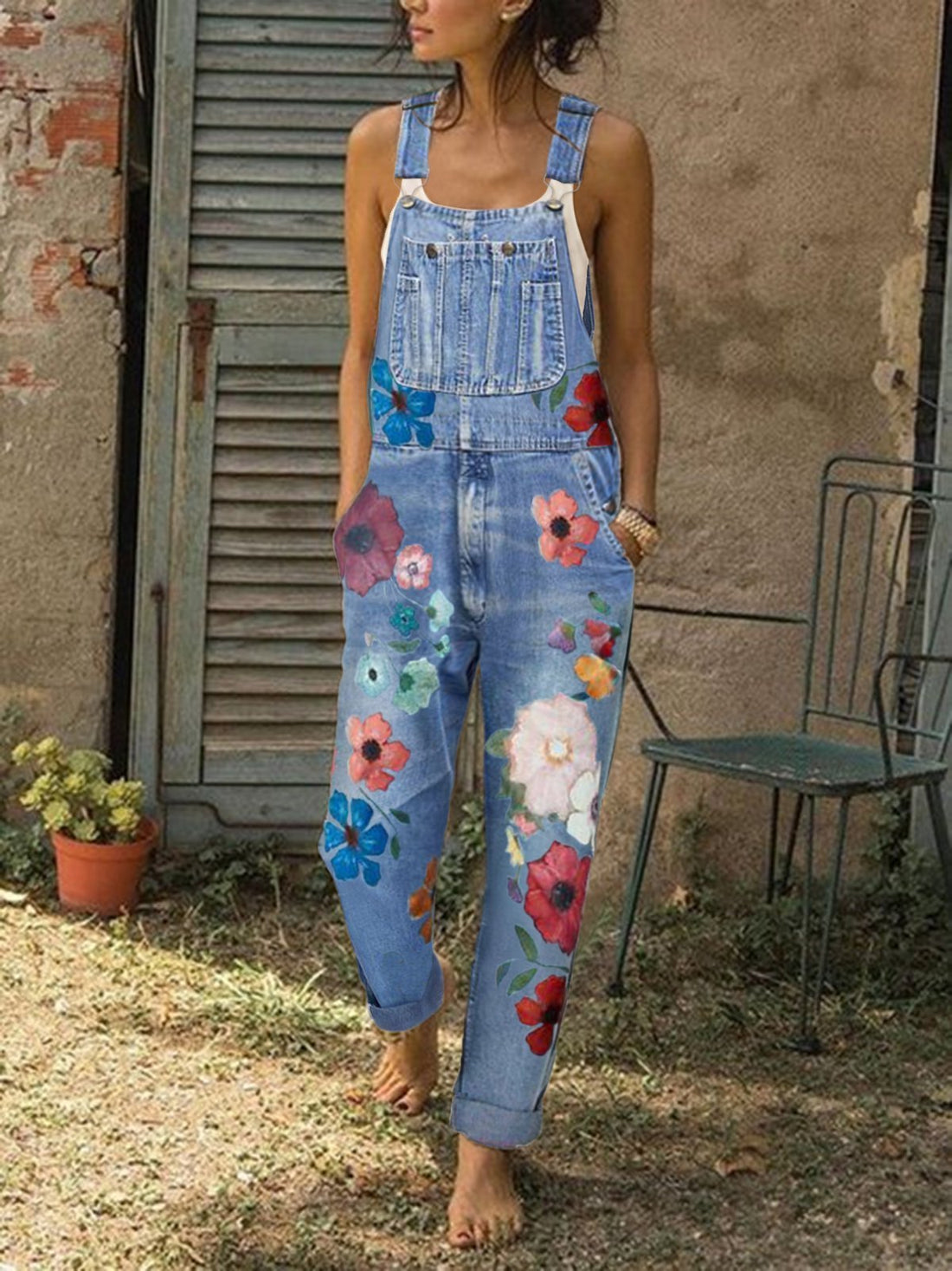 Sleeveless Denim floreale a stampa floreale un pezzi