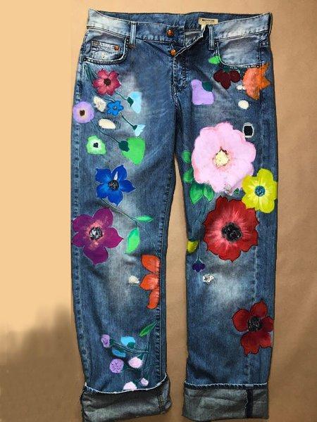 Pantalon décontracté à fleurs en jean