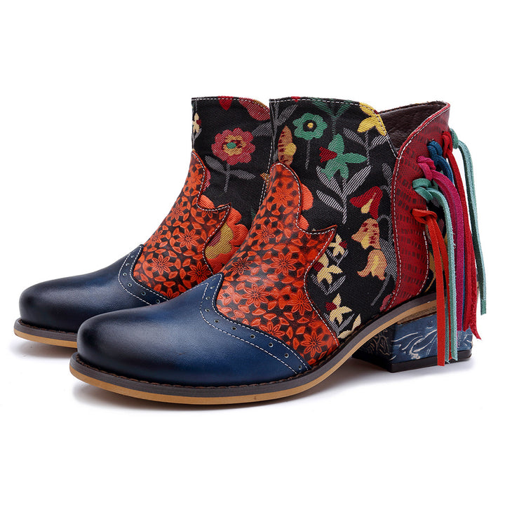 Casual Leather Tassel Jacquard Boots
