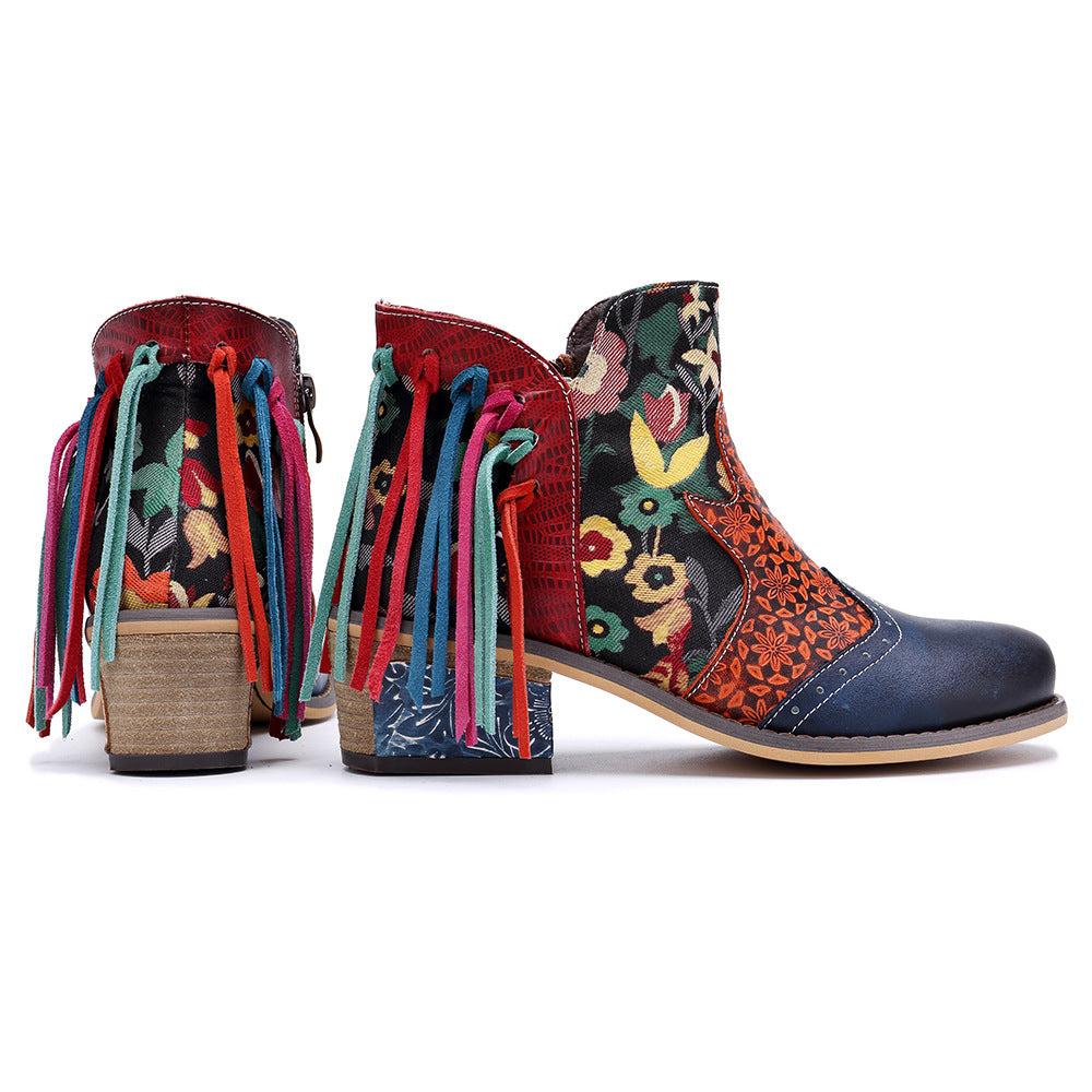 Casual Leather Tassel Jacquard Boots