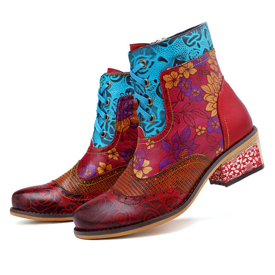 Red Zippered Cowhide Leather Embroidered Chunky Boots RT1080