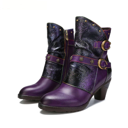 Retro Painted Genuine Leather Clasp Ankle Boots