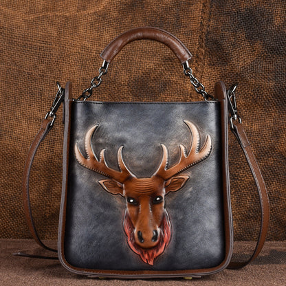 Retro Moose Head Leather Tote Cross-body Bag