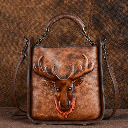 Retro Moose Head Leather Tote Cross-body Bag