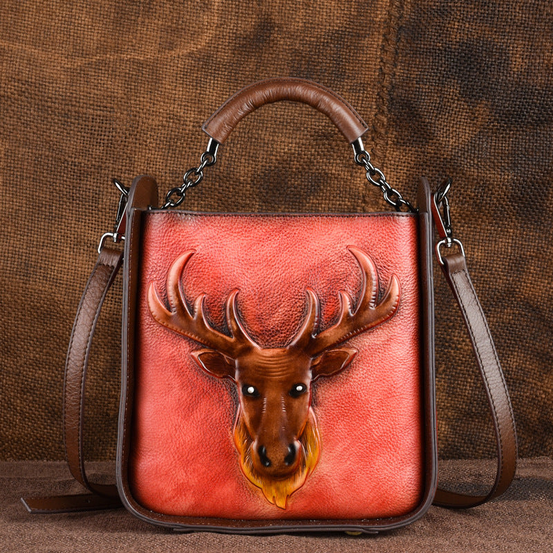 Retro Moose Head Leather Tote Cross-body Bag