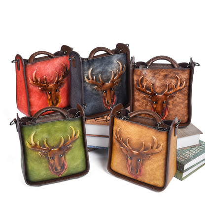 Retro Moose Head Leather Tote Cross-body Bag