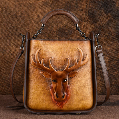 Retro Moose Head Leather Tote Cross-body Bag