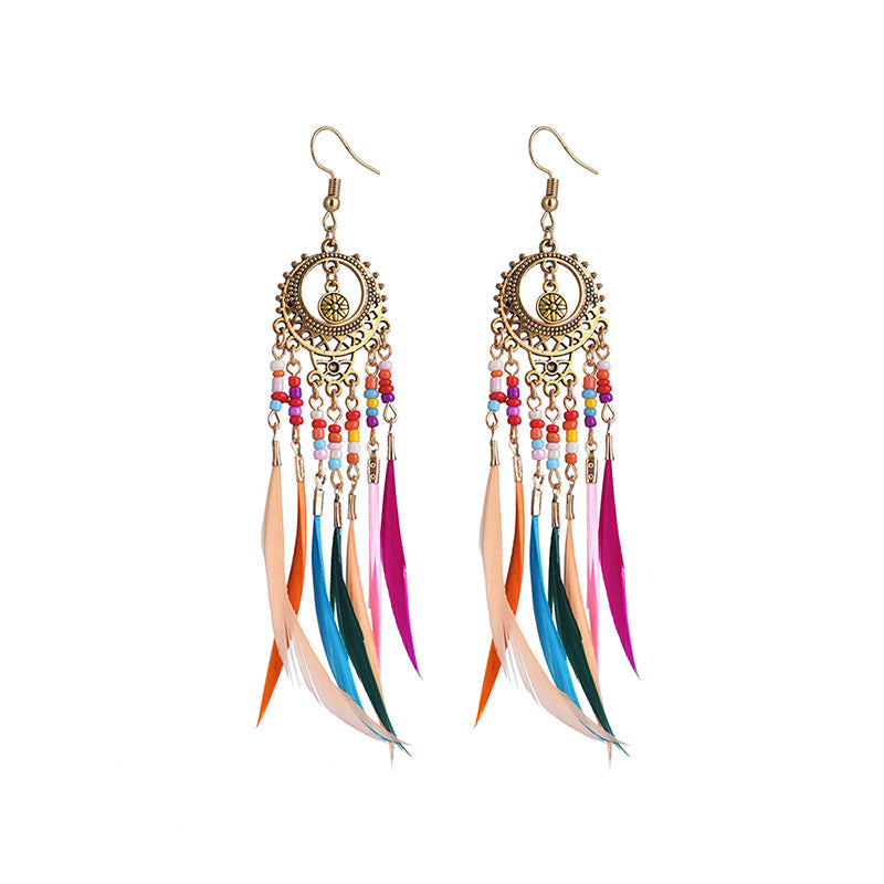 Pendientes bohemios de Feather Fringe de plumas vintage