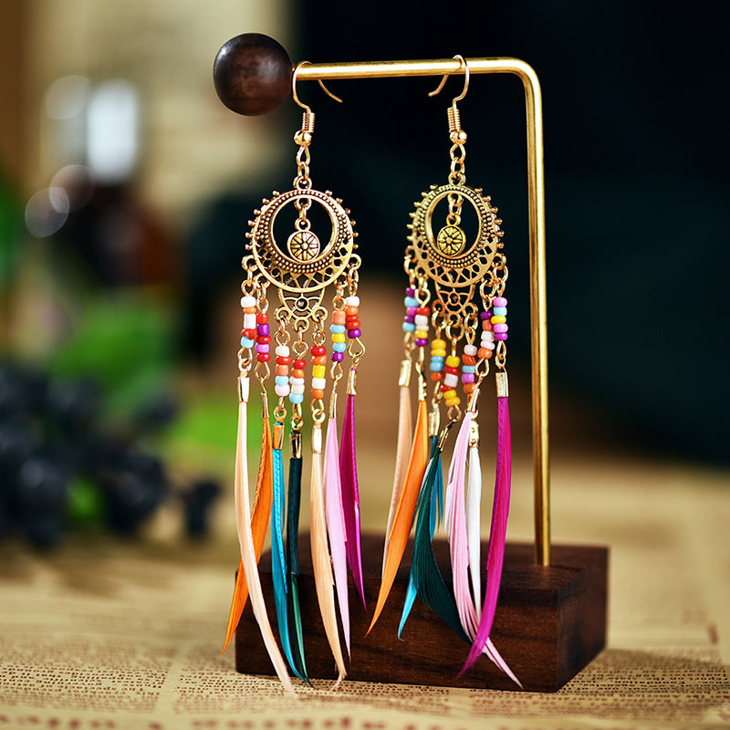 Pendientes bohemios de Feather Fringe de plumas vintage