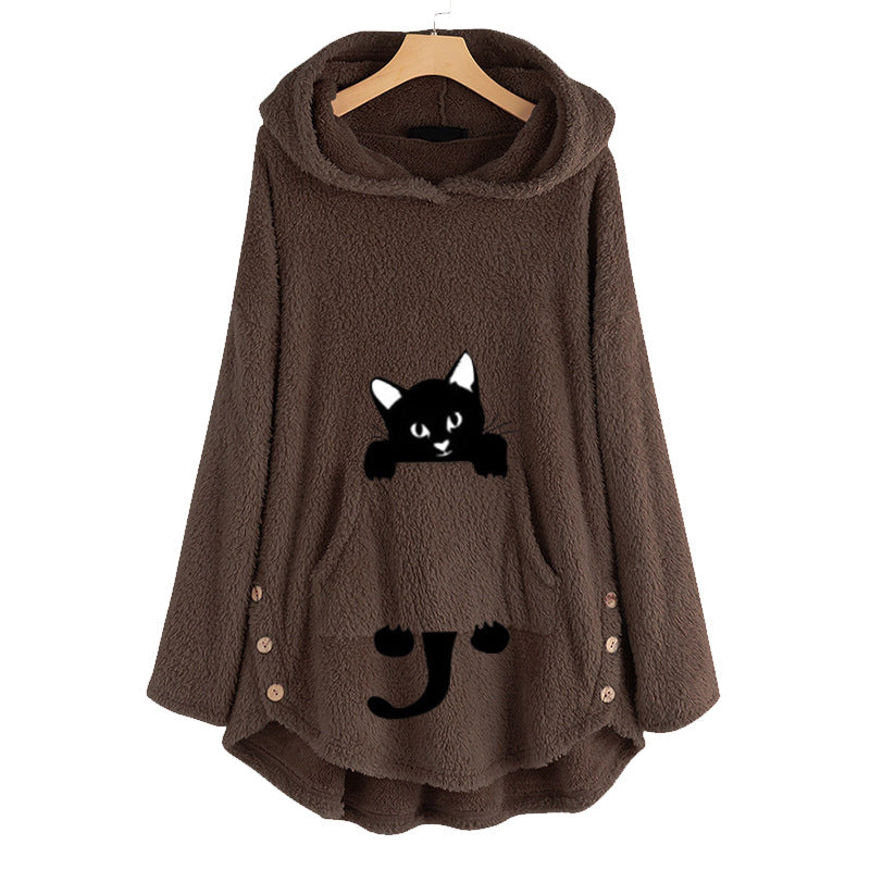Hooded Pullover Long Sleeve Mid-Length Cat Jacket