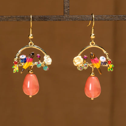 Bird And Flower Chalcedony Pendant Earrings