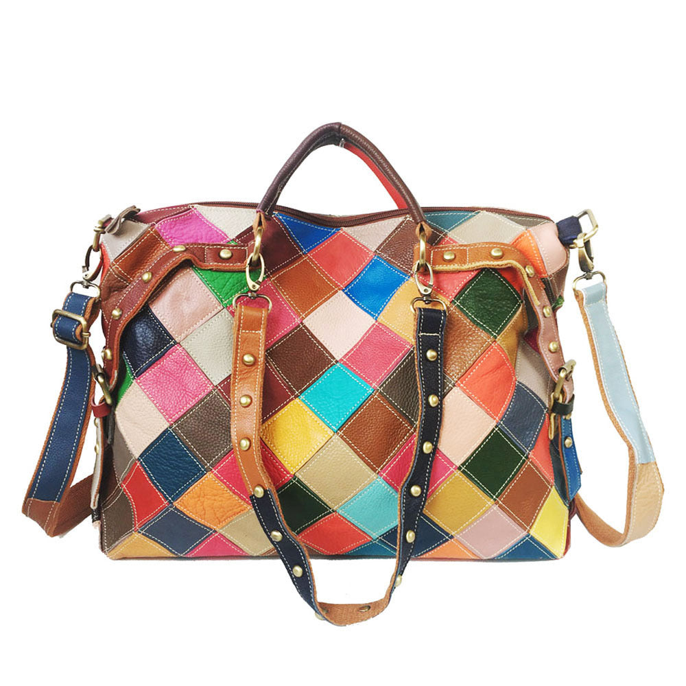 Retro Cowhide Color-block Fashion Cross-body Bag