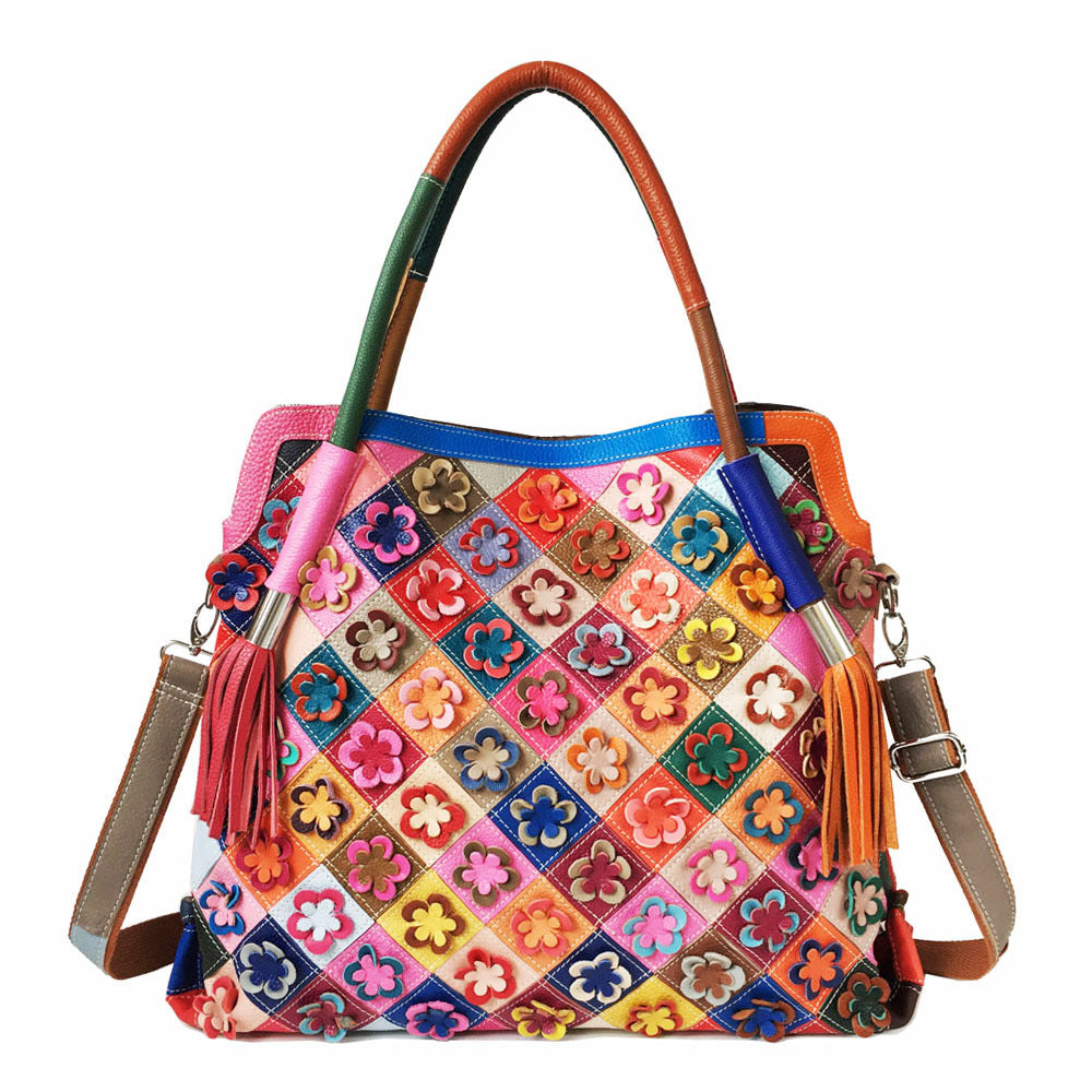 Fashion Leather Flower Color Block Bag