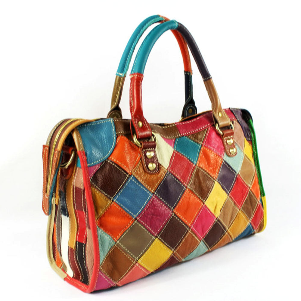 Retro Rhombus Color Block Cowhide Handbag