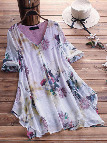 Flowered Printed Loose Asymmetric Blouse