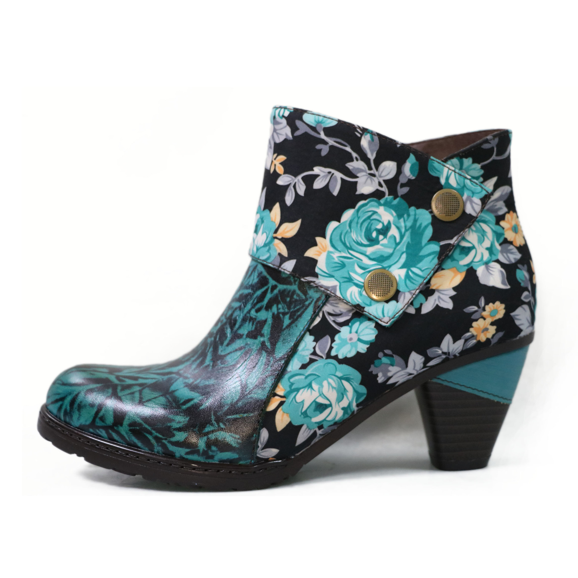 Round Head Printed Leather Boot Side Zipper