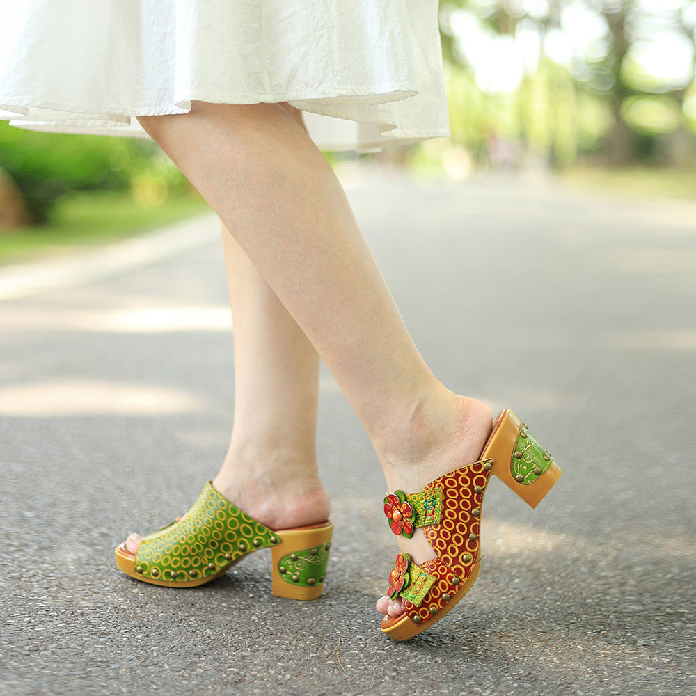 Sandalias florales de boca de pescado hecho a mano