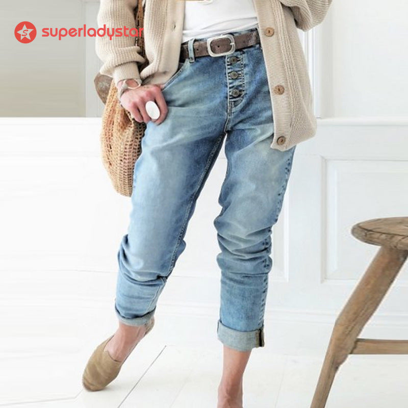 Beaded Fashion Breasted Straight Leg Jeans