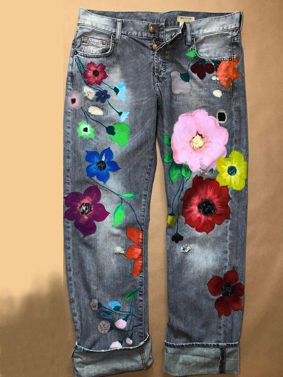 Denim Floral Casual Pants