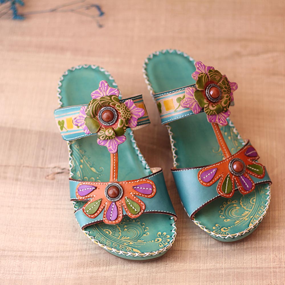 Bohemia sandalias de cuero genuinas con cuentas florales