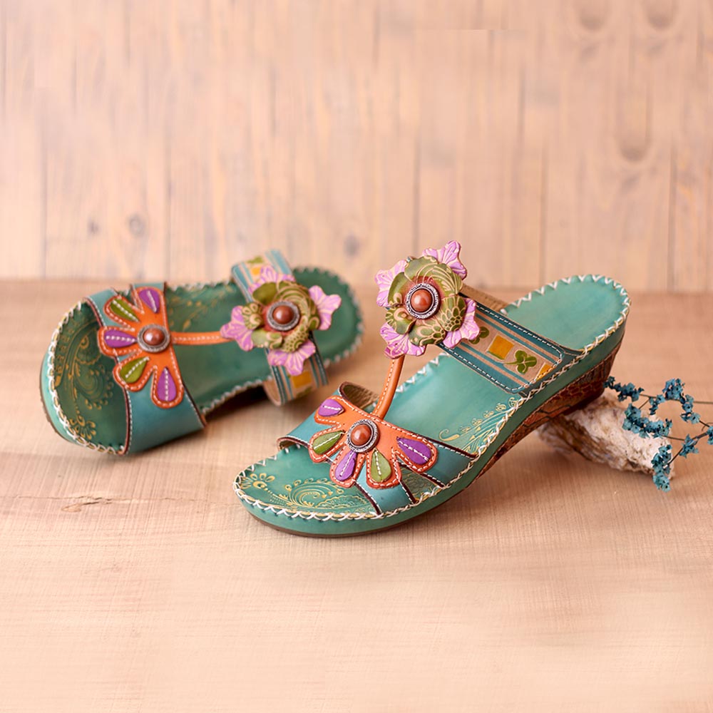 Bohemia sandalias de cuero genuinas con cuentas florales