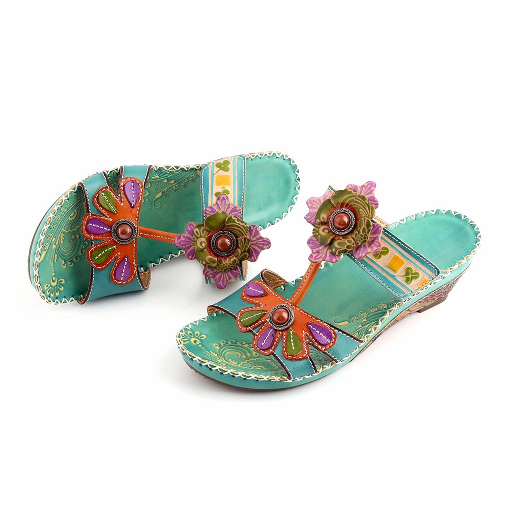 Bohemia sandalias de cuero genuinas con cuentas florales