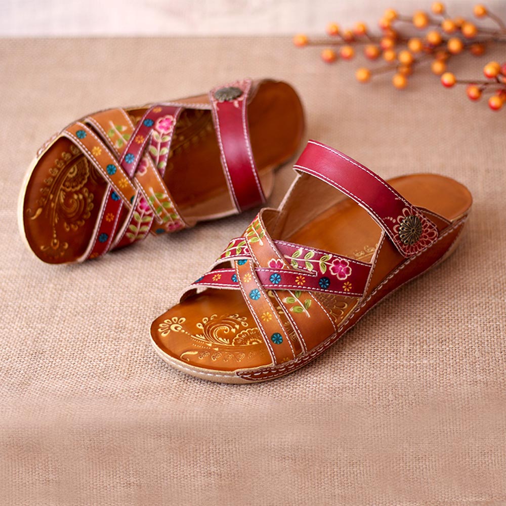 Embossed Floral Stitched Welt Sandals