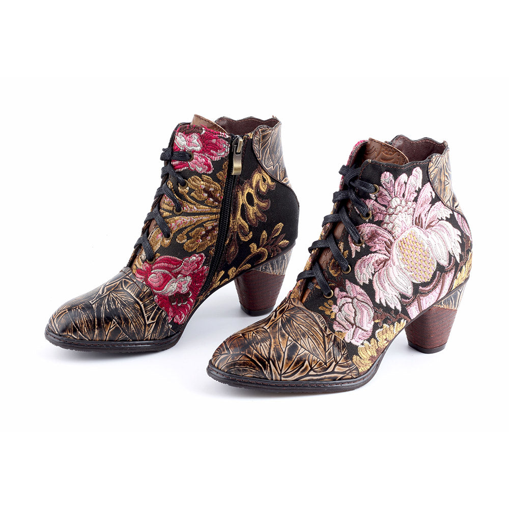 Retro Hand Painted Leather Stitched High Heels Ankle Boots