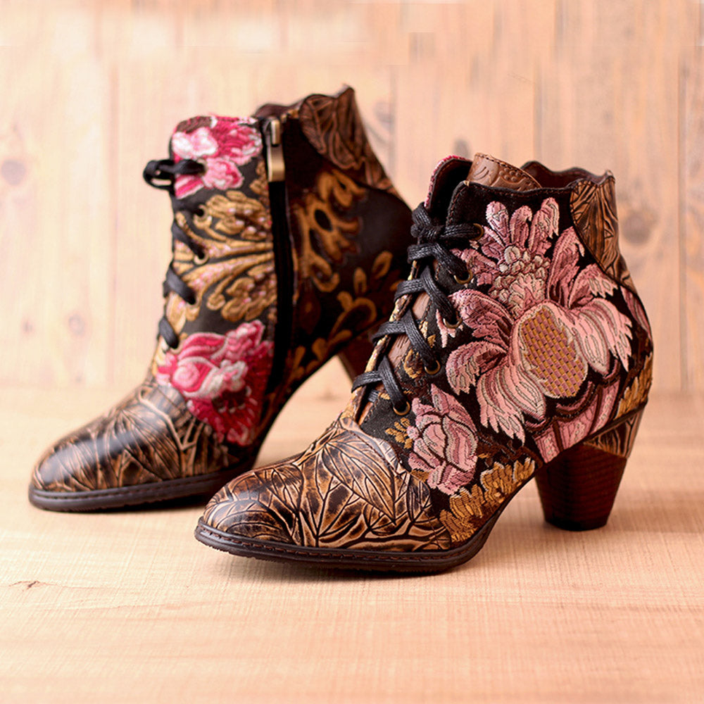 Retro Hand Painted Leather Stitched High Heels Ankle Boots