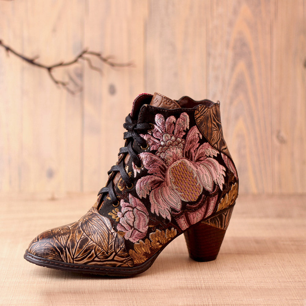 Retro Hand Painted Leather Stitched High Heels Ankle Boots