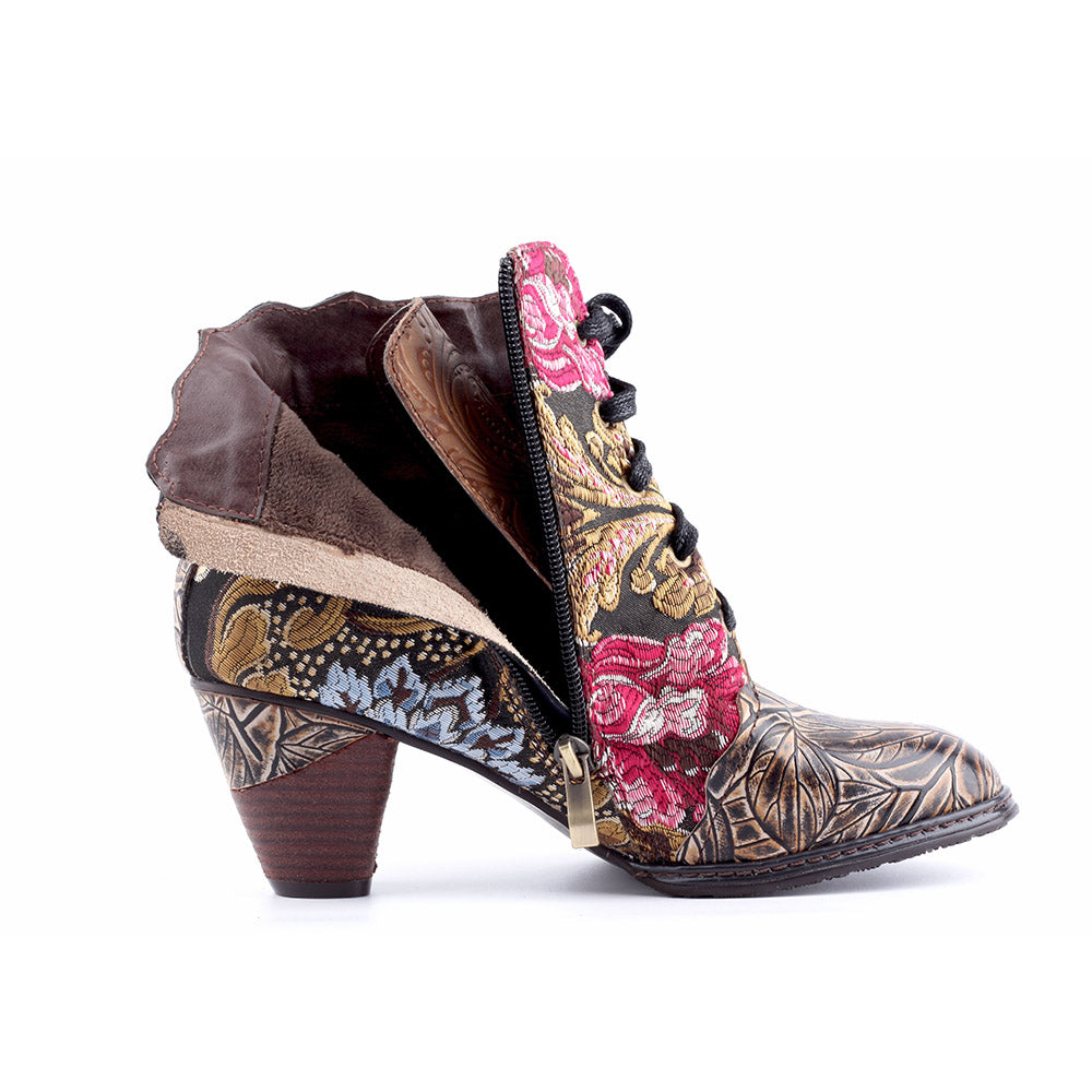 Retro Hand Painted Leather Stitched High Heels Ankle Boots