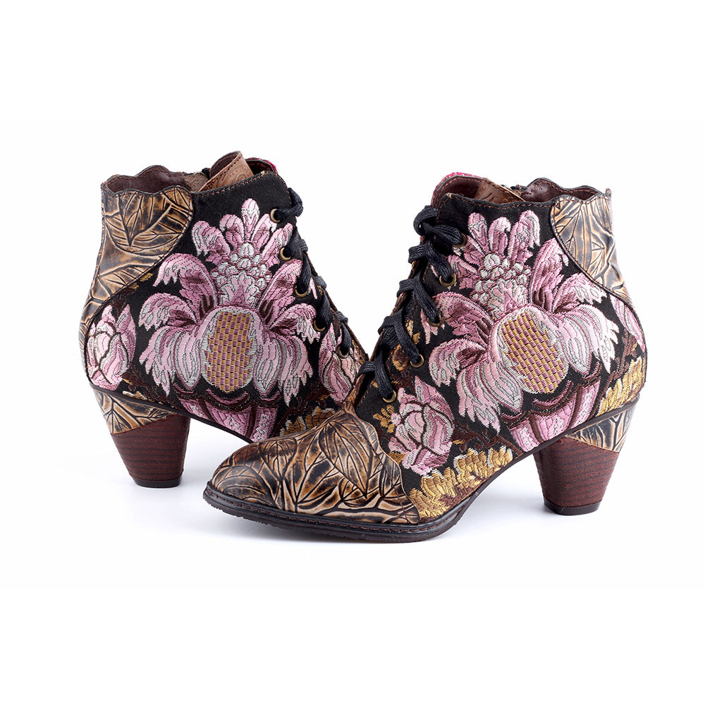 Retro Hand Painted Leather Stitched High Heels Ankle Boots