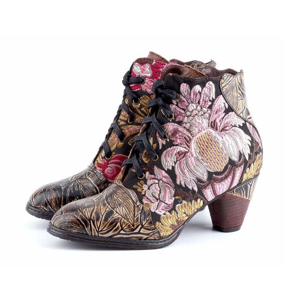 Retro Hand Painted Leather Stitched High Heels Ankle Boots