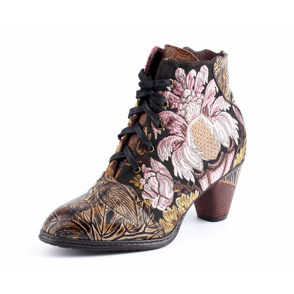 Retro Hand Painted Leather Stitched High Heels Ankle Boots