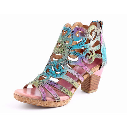 Bohemia Leather Snake Pattern Block Heel Comfy Heeled Sandals