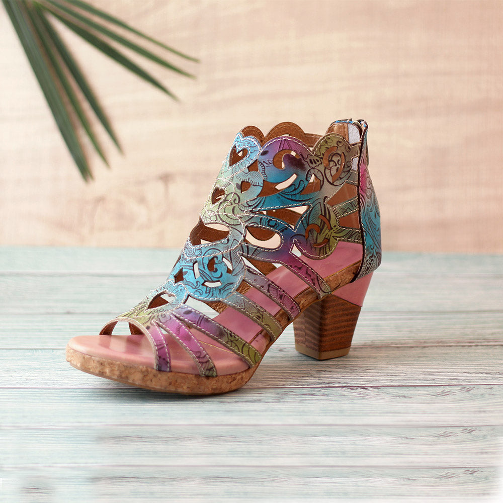 Bohemia Leather Snake Pattern Block Heel Comfy Heeled Sandals