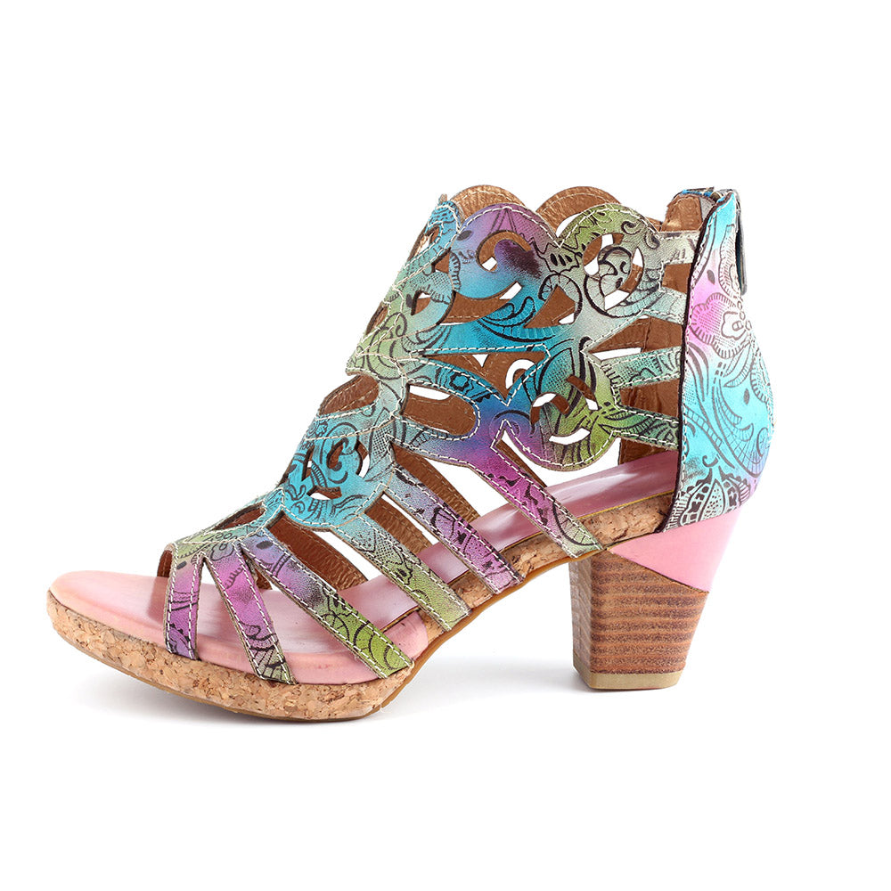 Bohemia Leather Snake Pattern Block Heel Comfy Heeled Sandals