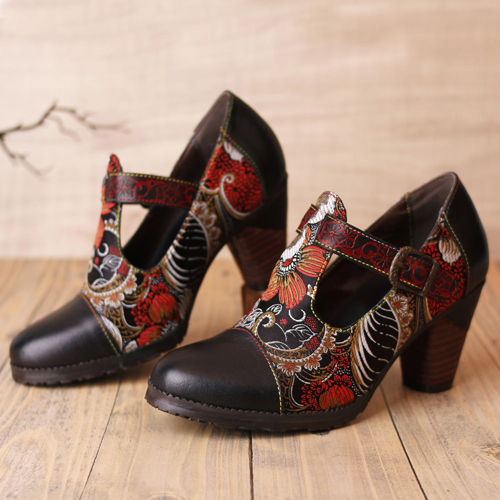 Flowers Stitching Genuine Leather Retro Pumps