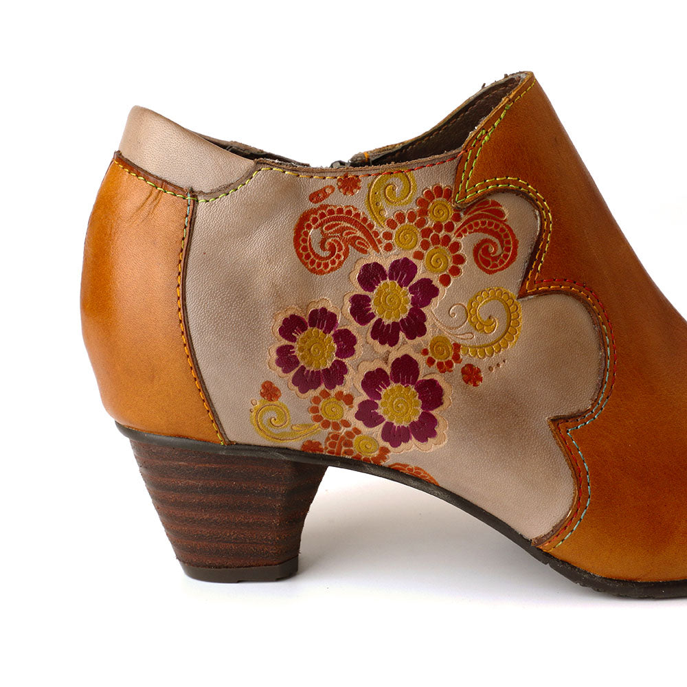 Retro Hand Painted Flowers Pattern Leather Zipper Pumps