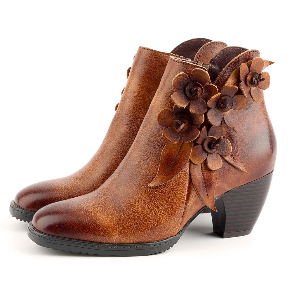 Bequeme Vintage handgefertigte Blumenknöchel Lederstiefel